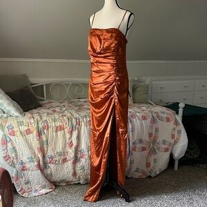Elegant Orange Satin Look Gown with Spaghetti Straps